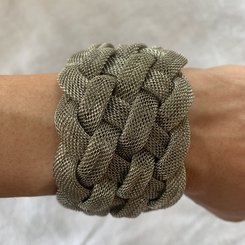Silver Metal Braided Mesh Cuff Bracelet